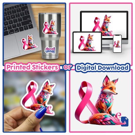 Collage featuring the Fox Pink Ribbon Breast Cancer Awareness stickers and digital artwork, showcasing a fox with a pink ribbon, emphasizing support and awareness.