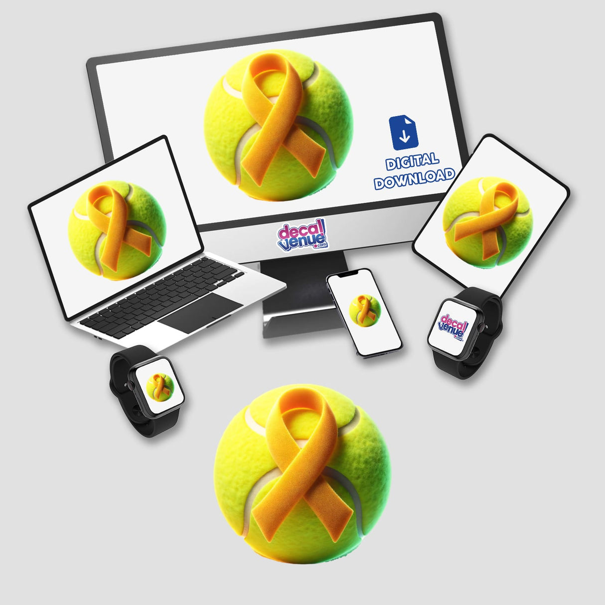 Tennis Ball Yellow Awareness Ribbon design displayed on a laptop and monitor, available as stickers or digital artwork from Decal Venue, highlighting unique vinyl sticker offerings.