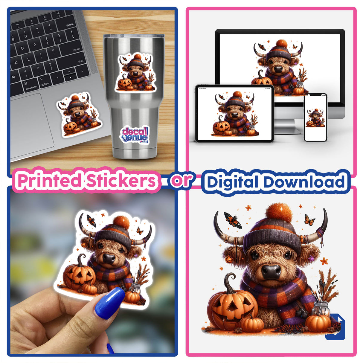 Bundled Up Autumn Highland Cow stickers featuring a cartoon cow in a hat and scarf, surrounded by pumpkins and butterflies, perfect for laptops, cups, and more from Decal Venue.