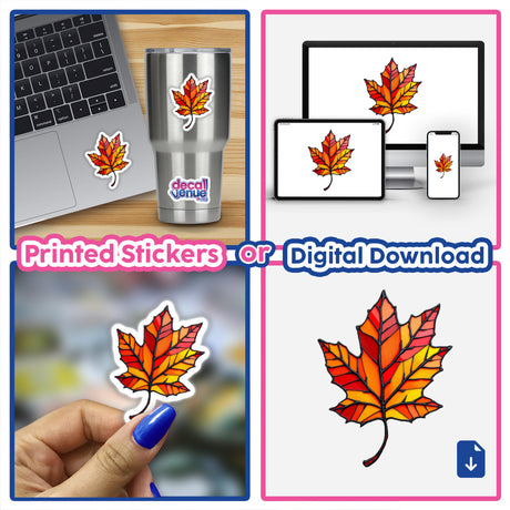 Autumn Leaf Stained Glass Style sticker on a laptop, showcasing intricate design elements typical of Decal Venue's unique stickers and digital art collection.