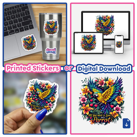 Love and a Parrot: A collage showcasing vibrant parrot-themed stickers and digital artwork, featuring a parrot with flowers and hearts, suitable for laptops or personal items.