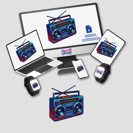 Boombox Clipart PNG & Sticker – Retro 1980s cassette design in cartoon realism, displayed as a digital download and waterproof sticker, ideal for music fans and creative projects.