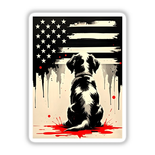 A cute puppy gazes at the American flag, featured as a sticker or digital artwork from Decal Venue, showcasing unique vinyl designs and artistic expressions.