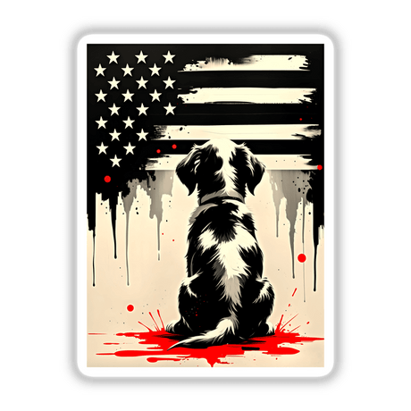 A cute puppy gazes at the American flag, featured as a sticker or digital artwork from Decal Venue, showcasing unique vinyl designs and artistic expressions.
