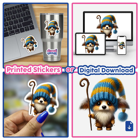 Australian Shepherd Gnome with Staff digital artwork; available as printed stickers or digital download; cute and whimsical design ideal for craft projects, DIY printable creations, and nursery wall art.