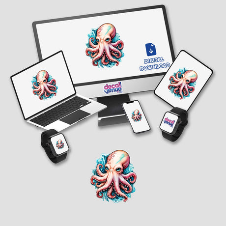 Bold Angry Octopus Sticker displayed on a laptop and monitor, showcasing ocean-inspired art with attitude. Available as stickers or digital artwork, reflecting Decal Venue's unique sticker and digital art offerings.