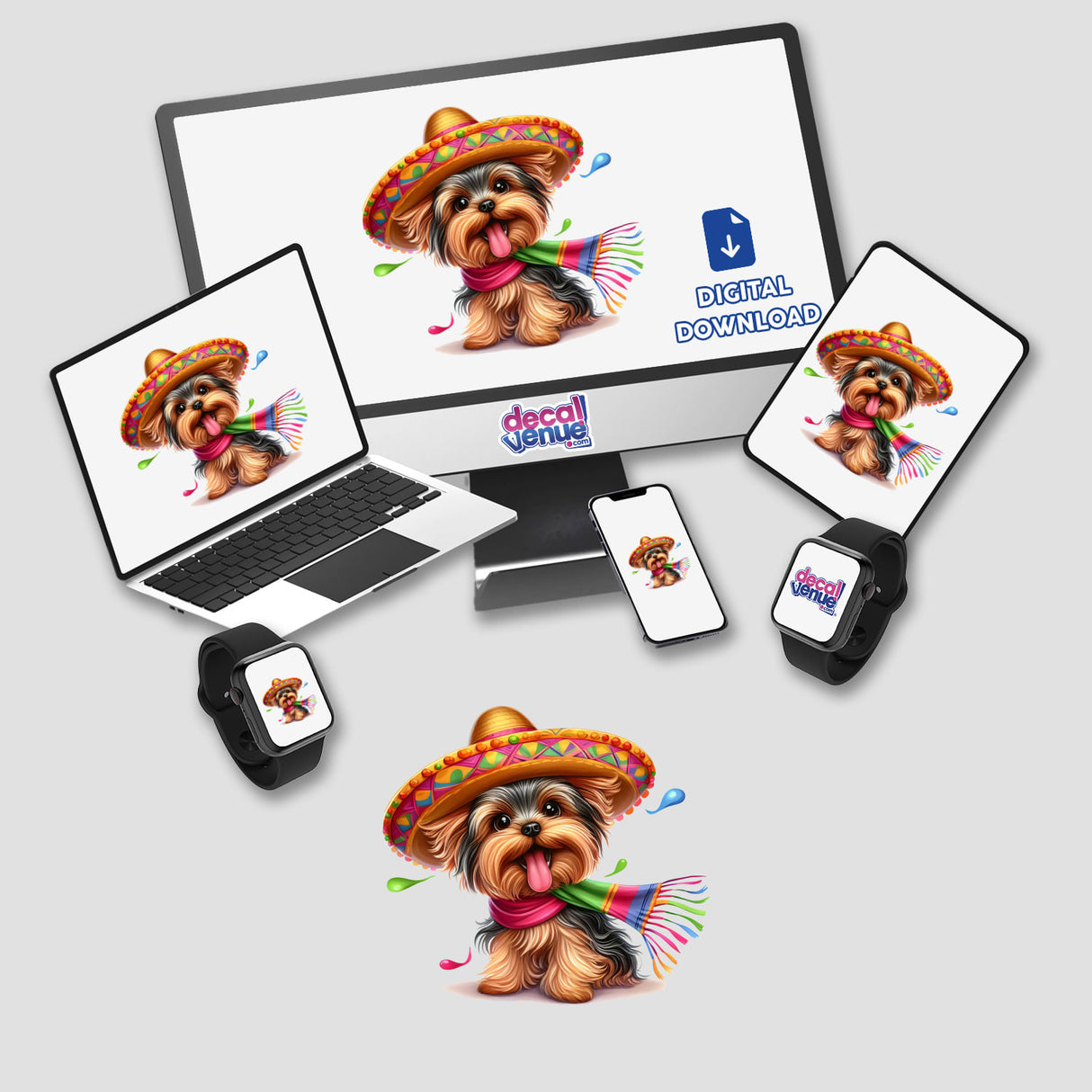 Cheerful Yorkie dog wearing a colorful sombrero in various product mockups on a white background