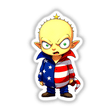 Cartoon of a boy titled A Funny Guy With An American Flag Outfit, wearing a red, white, and blue shirt adorned with stars, available as stickers or digital artwork.