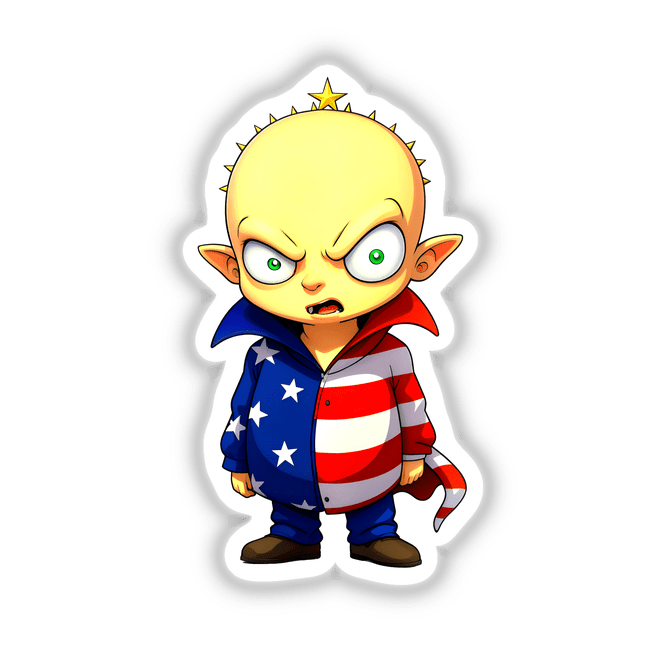 Cartoon of a boy titled A Funny Guy With An American Flag Outfit, wearing a red, white, and blue shirt adorned with stars, available as stickers or digital artwork.