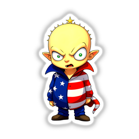 Cartoon of a boy titled A Funny Guy With An American Flag Outfit, wearing a red, white, and blue shirt adorned with stars, available as stickers or digital artwork.