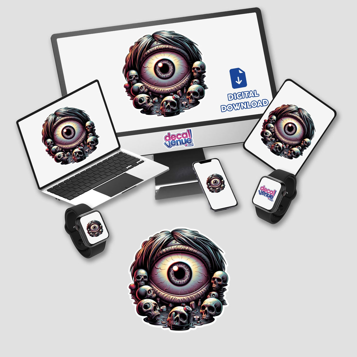 Colorful surreal digital artwork featuring a large eye surrounded by smaller eye-like shapes and other abstract elements, displayed on various electronic devices including a computer, laptop, smartphone, and smartwatch.
