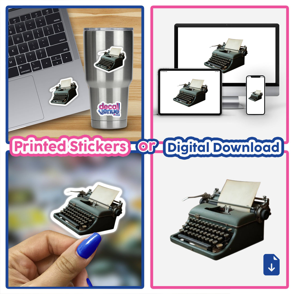 Old Typewriter Dark Academia Sticker or Clipart shows a collage of a laptop keyboard and vintage typewriter, ideal for digital artwork or stickers, available with commercial rights download.