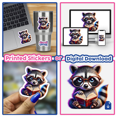 Raccoon With Reading Glasses Open Book: A collage featuring a cartoon raccoon wearing glasses, engrossed in a book, available as vinyl stickers or digital artwork from Decal Venue.