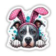 Peeking Easter Pitbull Bunny: A close-up illustration of a pitbull wearing pink bunny ears, available as stickers or digital artwork from Decal Venue.