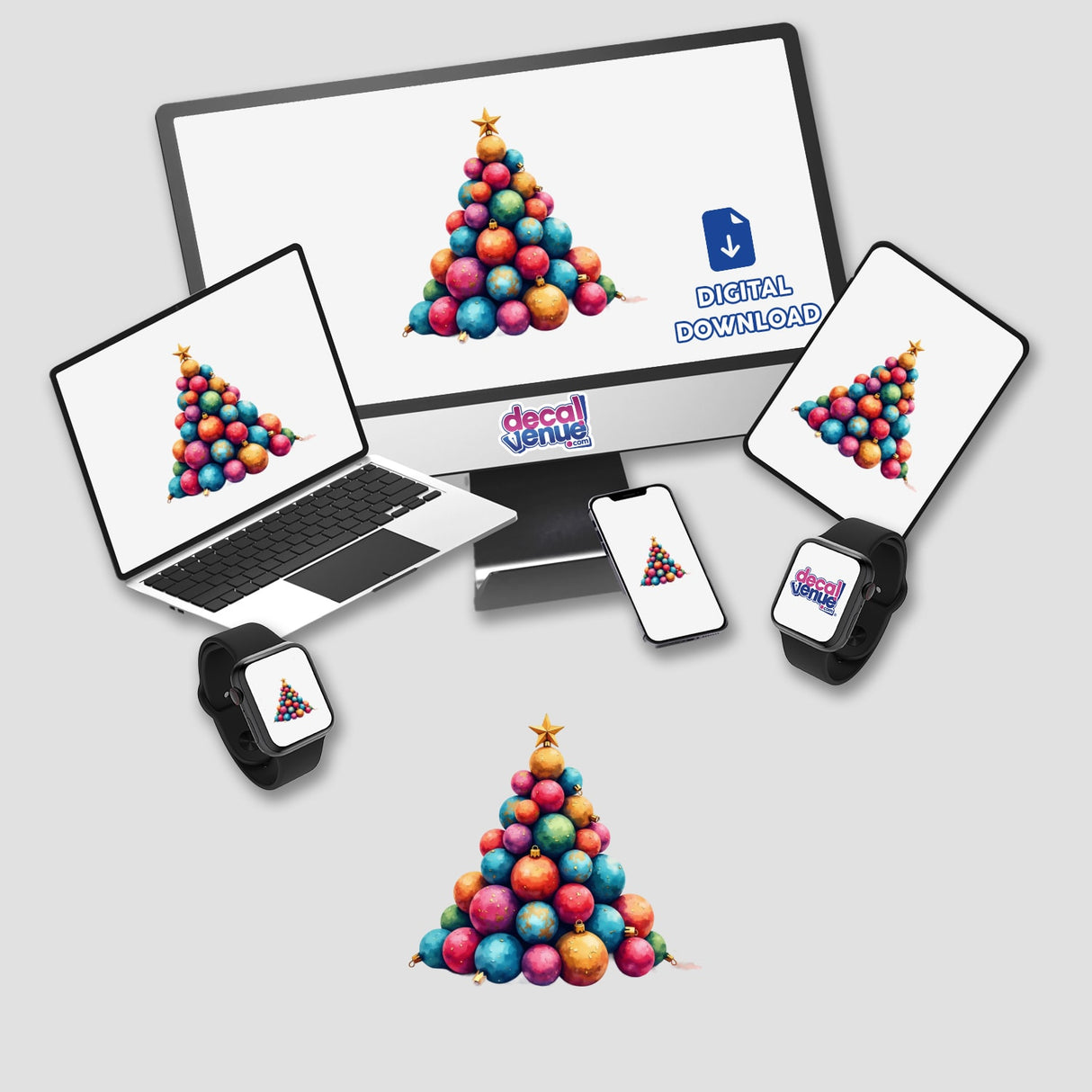 Ornament Christmas Tree displayed on various devices, showcasing its availability as stickers or digital artwork from Decal Venue, known for unique stickers and digital art.
