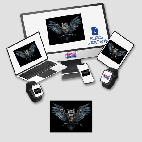 Steampunk Owl with Mechanical Wings and Intricate Gears depicted on various electronic devices, showcasing it as available in vinyl sticker or digital artwork format from Decal Venue.
