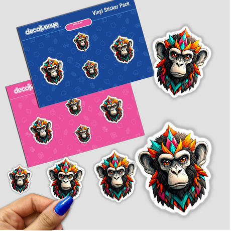 A Cool Monkey King sticker, featuring a cartoon monkey with a diamond crown and colorful feathers, available as a unique sticker or digital artwork from Decal Venue.
