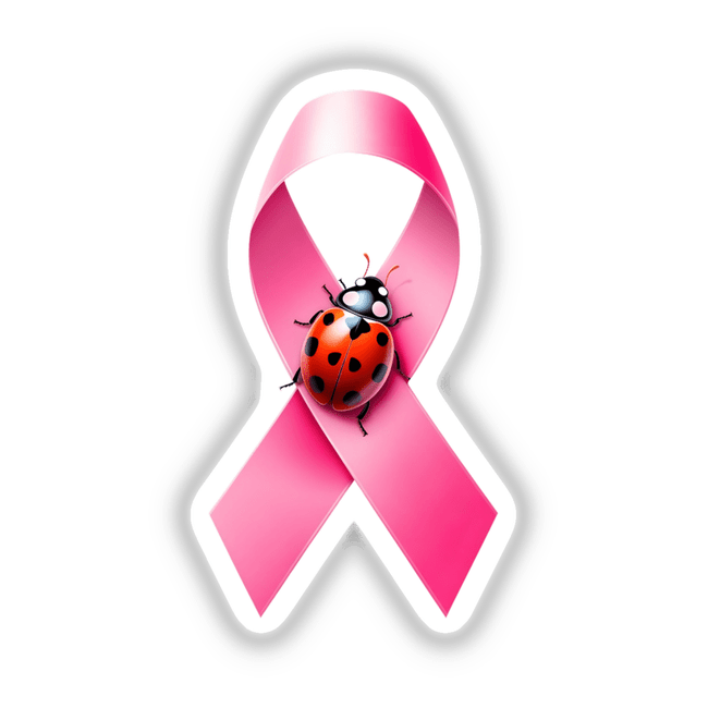 Ladybug Pink Ribbon Breast Cancer-2 sticker or digital artwork featuring a ladybug perched on a pink ribbon, symbolizing breast cancer awareness. Ideal for promoting support and awareness.