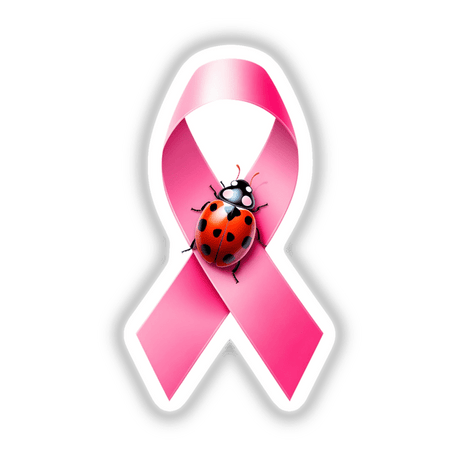 Ladybug Pink Ribbon Breast Cancer-2 sticker or digital artwork featuring a ladybug perched on a pink ribbon, symbolizing breast cancer awareness. Ideal for promoting support and awareness.