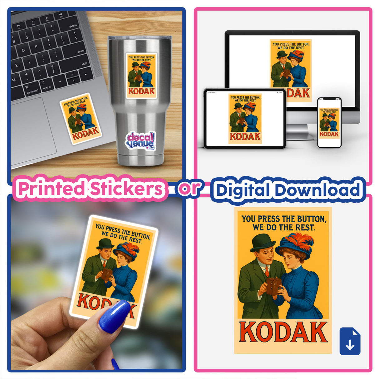 1912 Kodak “You Press the Button, We Do the Rest” Printable or Sticker features vibrant vintage ad art, ideal for collectors and creatives. Perfect for laptops or as retro décor.