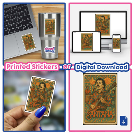 Santana Vintage Trading Card Art – Printable Digital Download or Sticker, featuring hand-drawn psychedelic design with SANTANA lettering, ideal for laptops, guitars, or wall art. Perfect for classic rock enthusiasts.