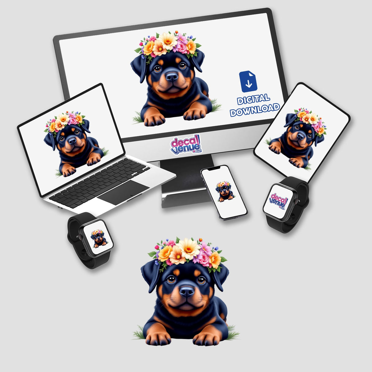 Gentle Rottweiler with a Blooming Floral Crown displayed on a computer monitor and laptop, showcasing the dog's elegant floral headpiece, reflecting Decal Venue's unique digital art collection.