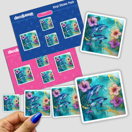Ocean Scene with Dolphins and Hibiscus Flowers sticker featuring dolphins intertwined with vibrant hibiscus blooms. Available as stickers or digital artwork, perfect for adding a whimsical touch to any surface.