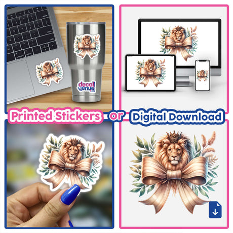 Collage featuring Lion Coquette Bow stickers and digital artwork, including a crowned lion with a bow on a laptop, close-up decals, and a hand holding a lion sticker.