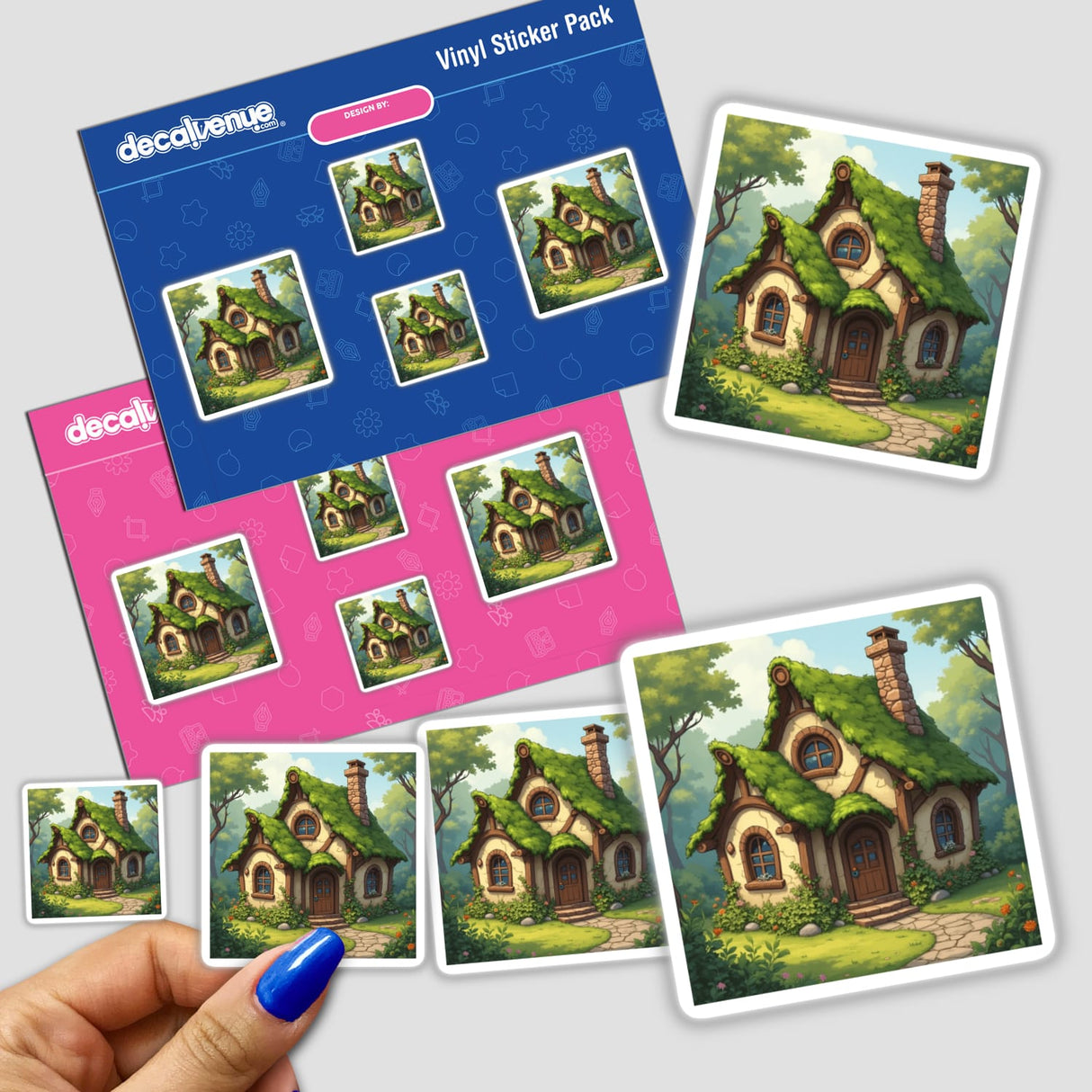 Rustic Fairy Tale Cottage Art Clipart features a cartoon house with a green roof as a sticker. Available as stickers or digital artwork, perfect for unique designs from Decal Venue.