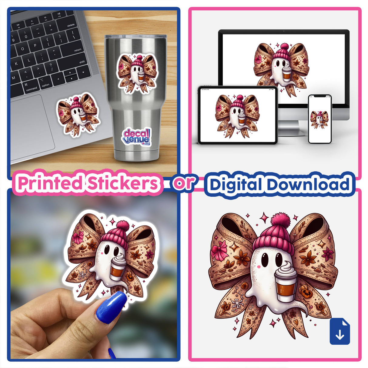 Collage of Coquette Bow w/ Pumpkin Spice Ghost stickers and digital artwork, featuring a cartoon ghost with a bow and coffee cup. Includes close-ups on laptop and cup applications.