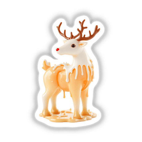 Reindeer Dripping Candle Wax: A toy reindeer with antlers, featuring a red nose and artistic melted wax effect, available as unique stickers or digital artwork from Decal Venue.
