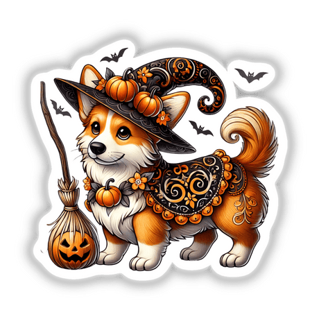 Adorable Halloween Corgi Dog in Witch Hat, Holding Pumpkin Bucket