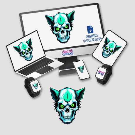 A Hybrid Human Dog Skull depicted on a computer monitor and laptop screen, available as unique stickers or digital art from Decal Venue.