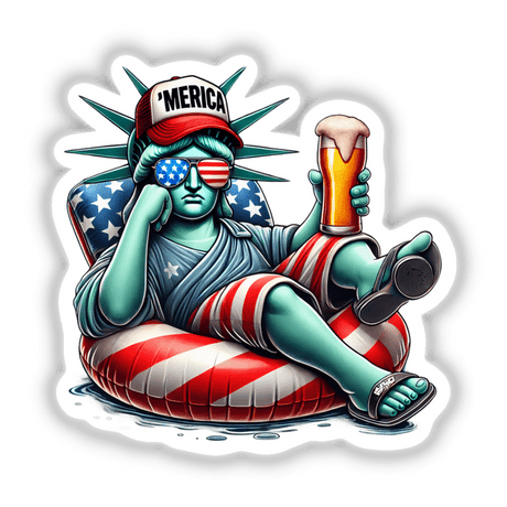 Cartoon of Statue of Liberty holding a beer, sitting on an inflatable pool, titled Statue of Liberty American Flag Float Merica. Available as stickers or digital artwork from Decal Venue.