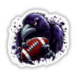 Illustration of Angry Purple Ravens Football Bird shows a fierce raven clutching a football, available as stickers or digital artwork, embodying Decal Venue's unique vinyl and digital art style.