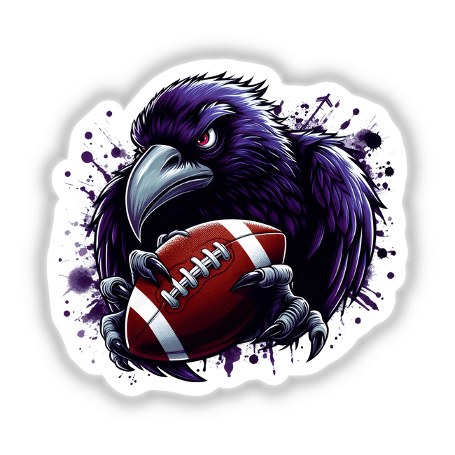 Illustration of Angry Purple Ravens Football Bird shows a fierce raven clutching a football, available as stickers or digital artwork, embodying Decal Venue's unique vinyl and digital art style.