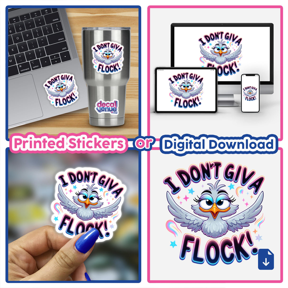 Whimsical angry bird digital artwork with text "I Don't Giva Flock!" displayed on various products including a laptop, tumbler, and mobile devices within the Decal Venue online store.