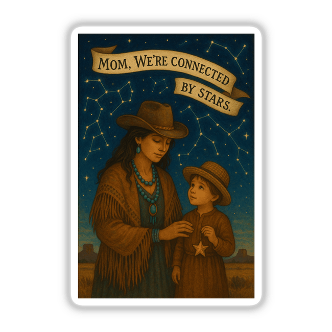 Boho Western Mother’s Day Sticker and Clipart features a woman and child amidst stars, reflecting a celestial connection. Available as unique stickers or digital artwork.
