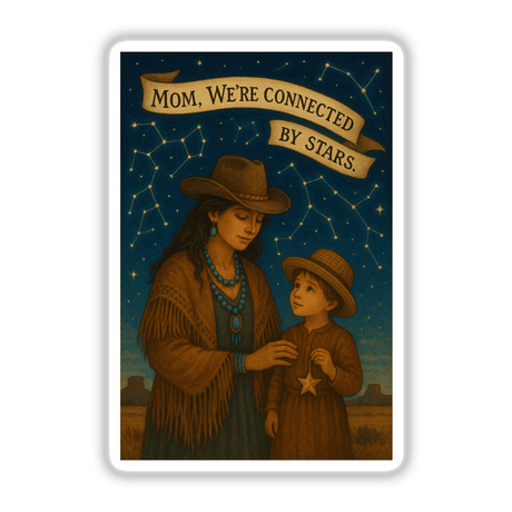 Boho Western Mother’s Day Sticker and Clipart features a woman and child amidst stars, reflecting a celestial connection. Available as unique stickers or digital artwork.