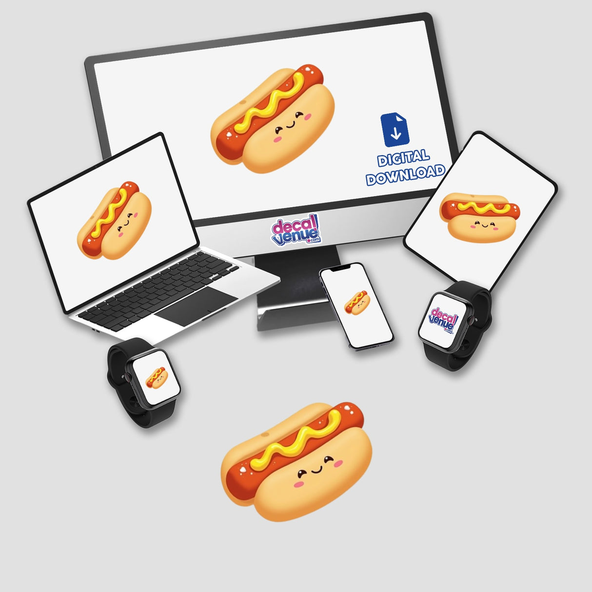 Kawaii Hot Dog Sticker featuring a cute hot dog with mustard on a laptop and phone screen, ideal for National Hot Dog Day. Available as a decal or food clipart with commercial rights.