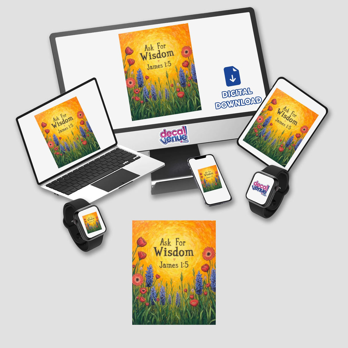 Fauvist Spring Anemone Ask For Wisdom James 1:5 Sticker or Clipart featuring vibrant flower illustrations on laptop and monitor screens, available for commercial use.