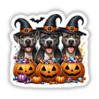 Halloween Trick or Treat Pitbull Trio Dogs wearing festive hats, with a bucket of candy, available as stickers or digital artwork from Decal Venue.