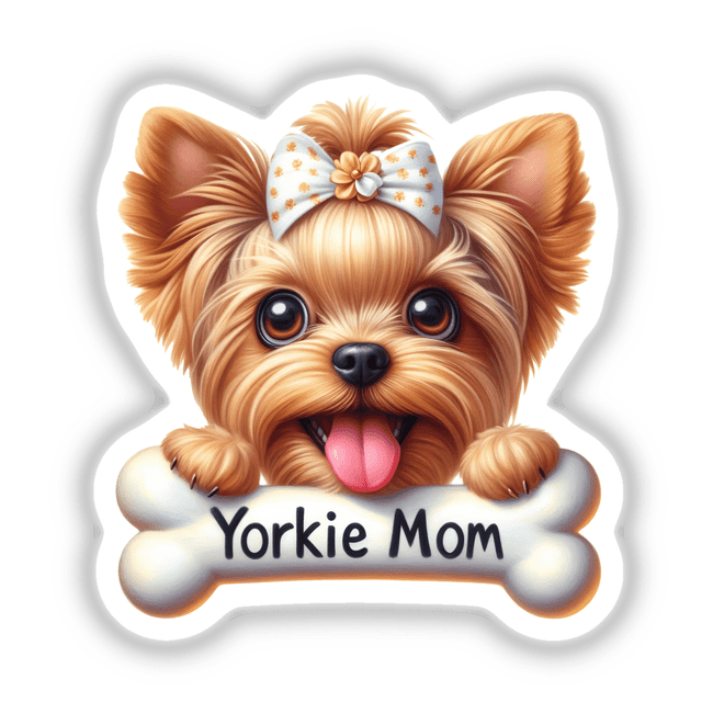 Adorable Yorkshire Terrier puppy with a polka dot bow, holding a "Yorkie Mom" bone-shaped sign in front of a white background. The cute, fluffy dog has a happy, playful expression with its tongue sticking out, showcasing its endearing personality.