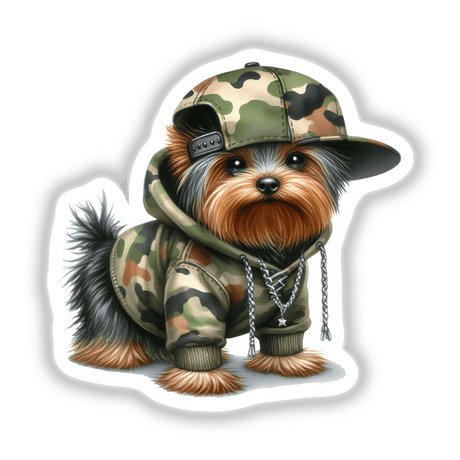 Yorkie Dog in Camo Print Outfit II