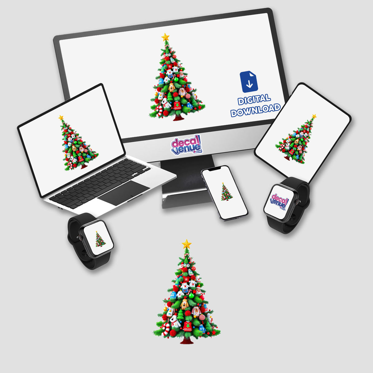 Ugly Christmas Sweater Style Tree displayed on a computer monitor and laptop, showcasing festive digital artwork available as stickers, perfect for holiday-themed decor from Decal Venue.