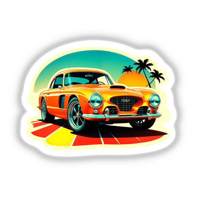 Vintage Classic Car sticker or digital art, featuring an orange car with palm trees and a sunset, highlighting close-up details like headlights, wheels, and grill, perfect from Decal Venue.