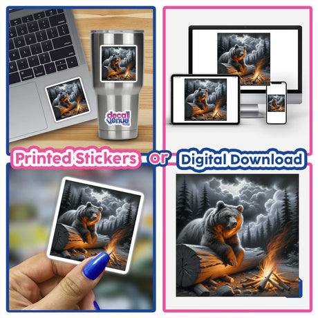Collage of Bear on a Fallen Log by Firelight artwork, featuring a bear depicted on a laptop screen, silver mug, and as digital artwork, available as stickers or digital art.