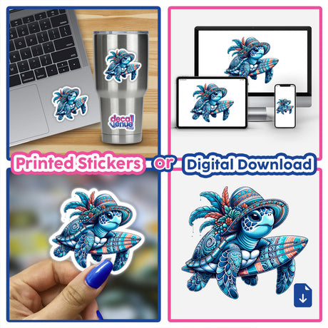 Sea Turtle in Summer Beach Hat with Surfboard