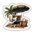 Pitbull Dog Having a Beach Day sticker or digital artwork featuring a dog lounging on a beach chair under an umbrella, wearing a leopard print hat and sunglasses, holding a drink.