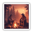 Two men sitting around a campfire in the wilderness, embodying the rugged spirit of Outback Retreat available as stickers or digital artwork.
